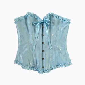 Powder Blue Corset Bustier Ruffle Trim Ribbon Coquette Victorian Bridgerton SzS